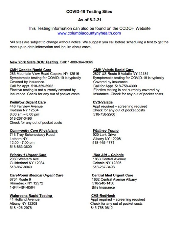 COVID19 Testing Resources Columbia County Department of Health